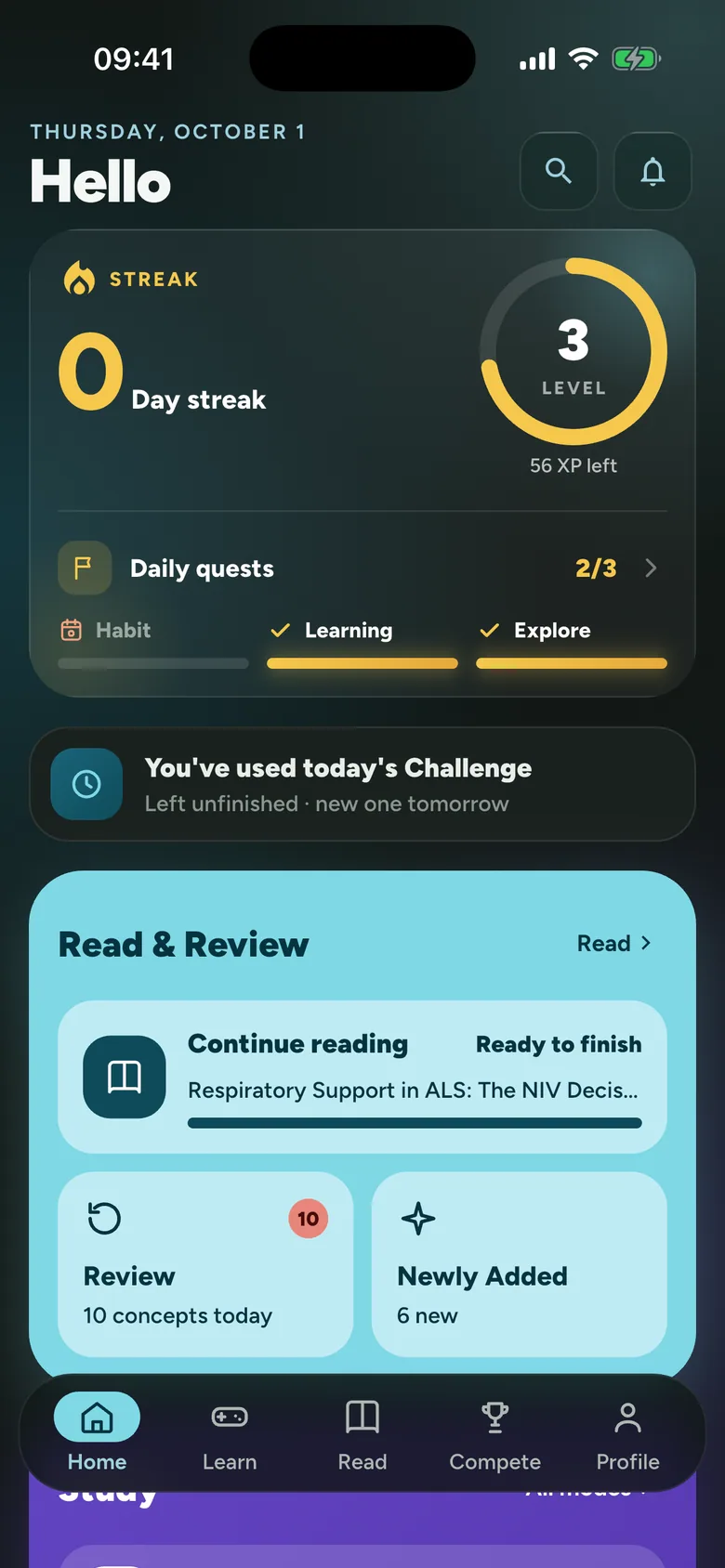 PhysioThink Home screen: streak, daily quests and the Daily Challenge
