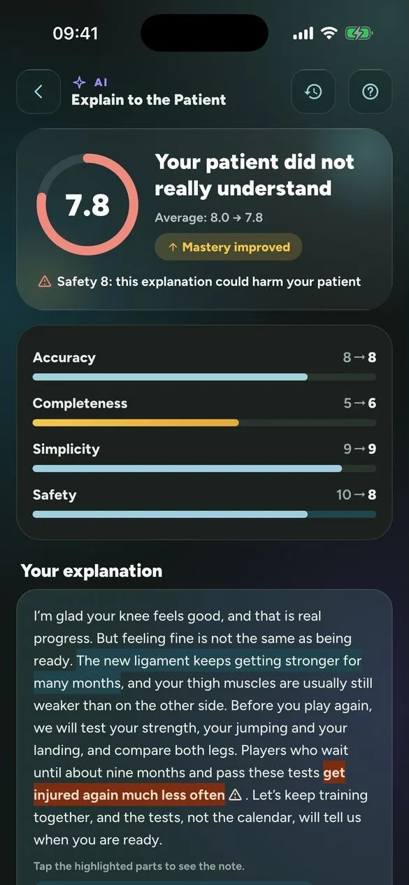 PhysioThink Explain to the Patient result screen: scores on four axes