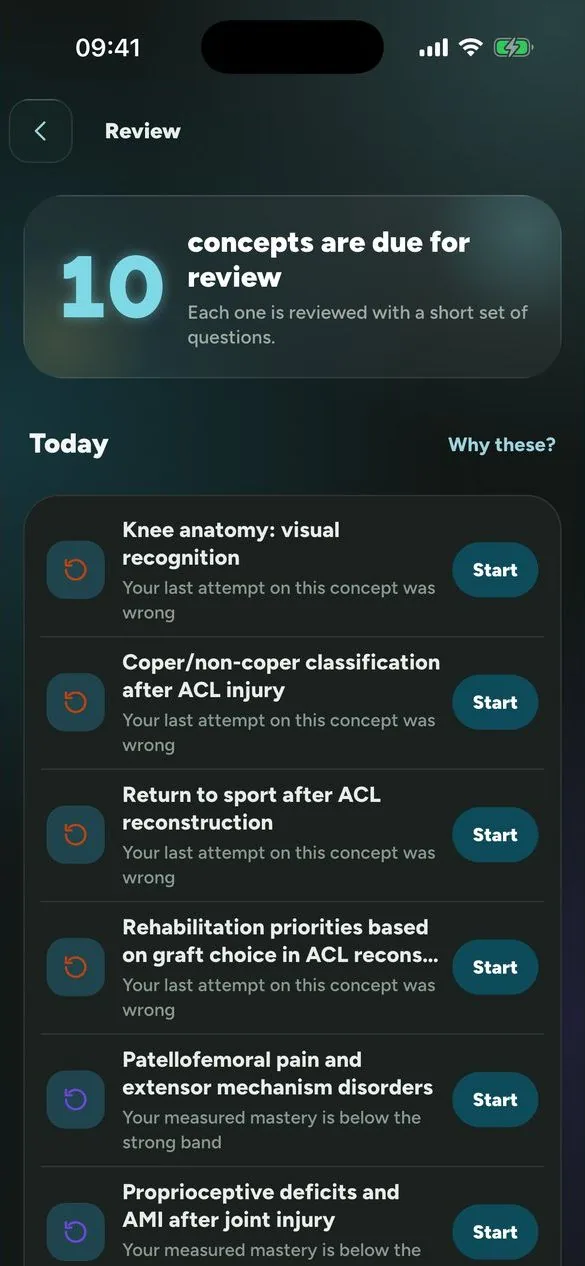 PhysioThink Review screen: concepts due for review
