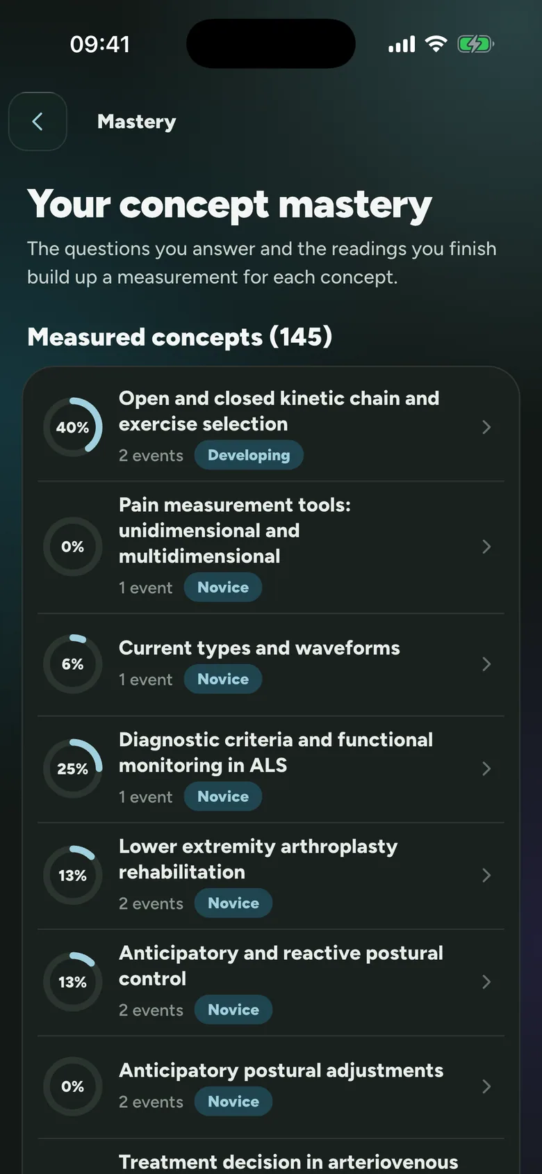 PhysioThink Mastery screen: measured concepts
