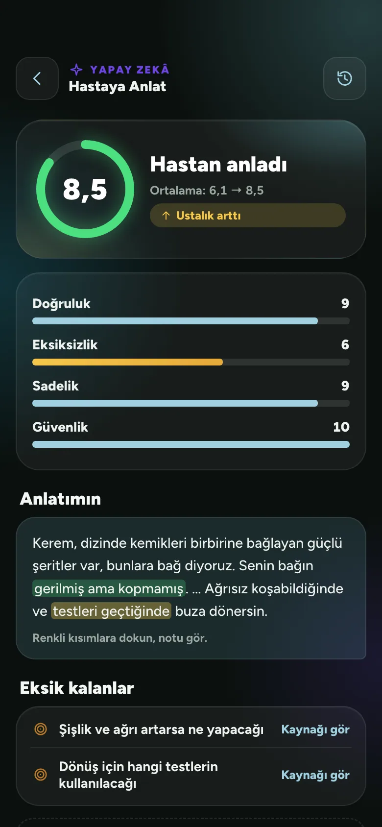 Yapay zekâ ekranı: Hastaya Anlat değerlendirmesi