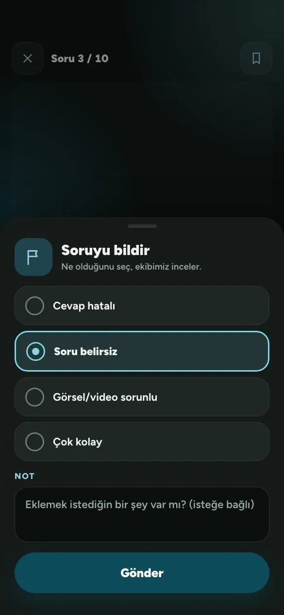 PhysioThink Soruyu bildir sayfası: dört neden
