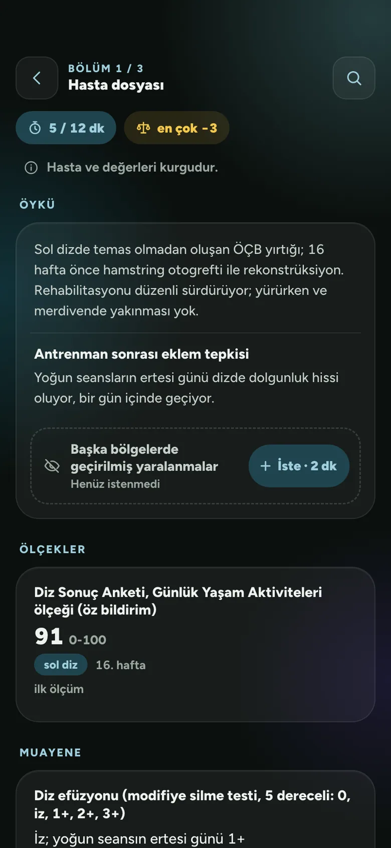Klinik Karar Verme v2 ekranı: hasta dosyası, sayaçlar ve bilgi isteme