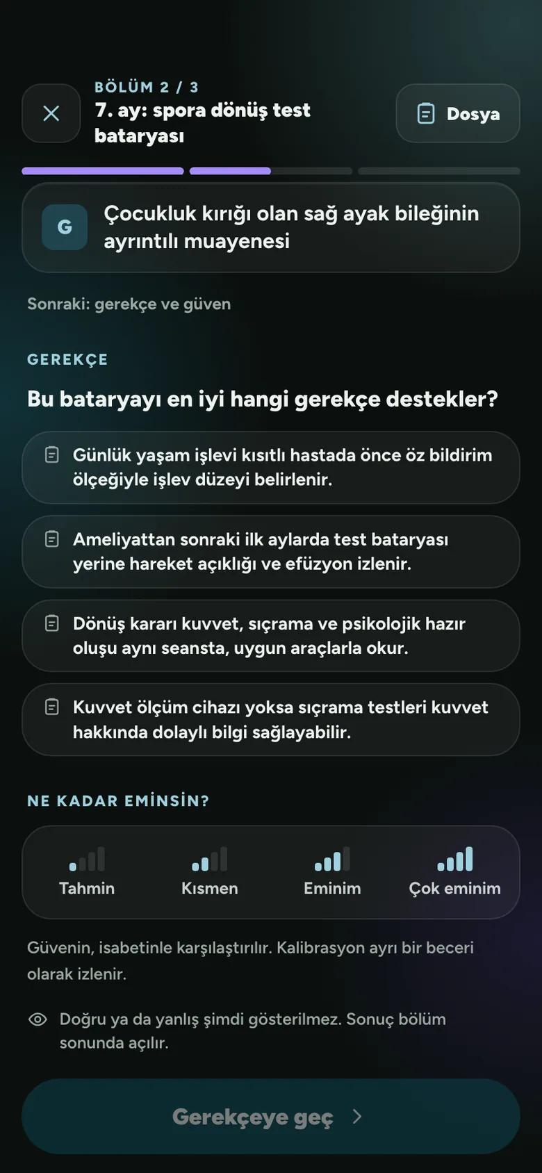Klinik Karar Verme v2 ekranı: seçim, gerekçe ve güven