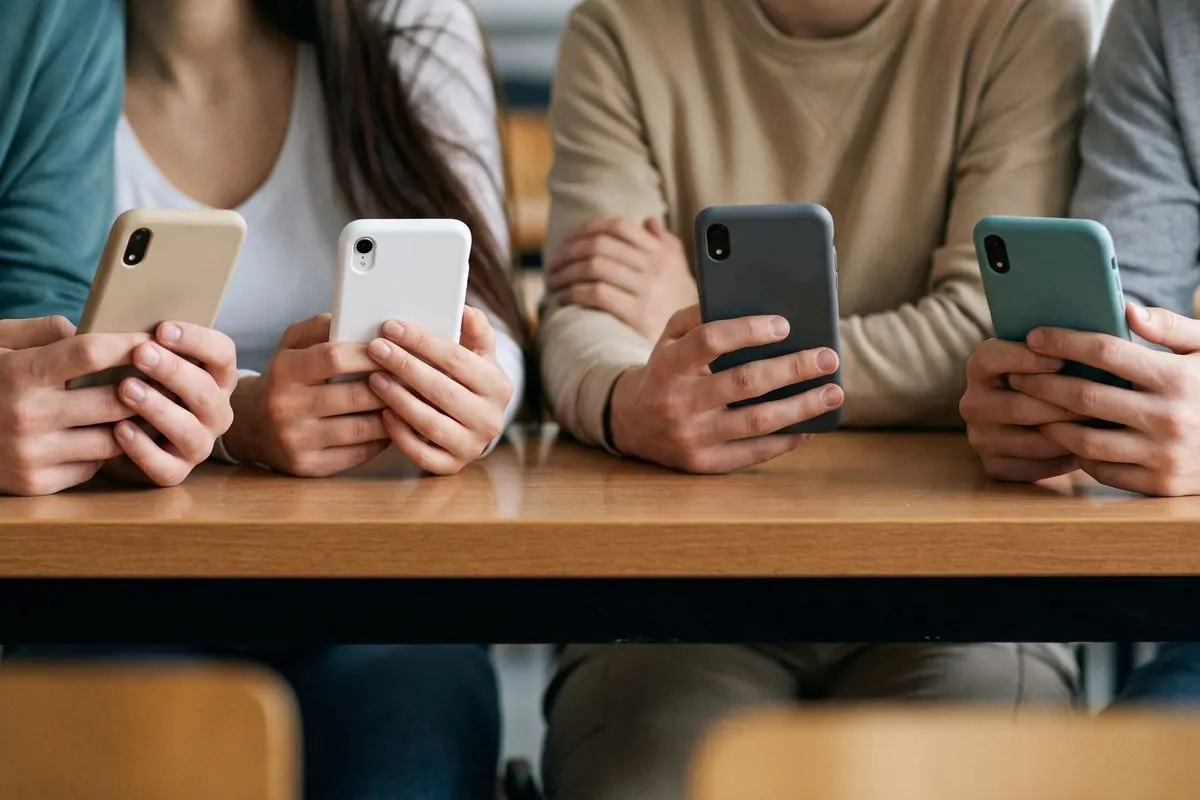 Derslik sırasında yan yana oturan dört öğrencinin elleri ve telefonları; yüzler kadrajın dışında.